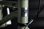 Close-up of Early Rider logo on a sage green bicycle frame with a dark background