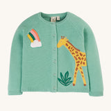 Frugi Colby Cardigan - Moss/Giraffe. A beautiful moss green cardigan with a lovely giraffe, leaf and rainbow applique on the front