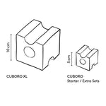 The size measurements between the Cuboro XL blocks and the Cuboro starter/extra set blocks on a white background. The XL blocks are 10cm x 10cm and the Starter and Extra Sets blocks are 5cm x 5cm