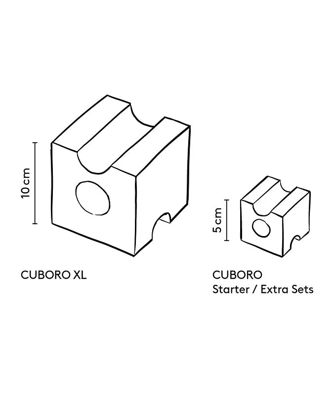 The size measurements between the Cuboro XL blocks and the Cuboro starter/extra set blocks on a white background. The XL blocks are 10cm x 10cm and the Starter and Extra Sets blocks are 5cm x 5cm