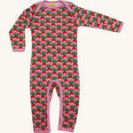 A soft, organic cotton, long sleeve bodysuit. With a repeat radish print pattern and pink piping and poppers on the inside of the legs