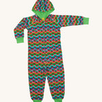A soft full body hooded onsie suit with rainbow stripes and a run radish print, with a green inner and green ankle and wrist cuffs. Made from organic cotton, with a full zip from gusset to neck