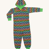 A soft full body hooded onsie suit with rainbow stripes and a run radish print, with a green inner and green ankle and wrist cuffs. Made from organic cotton, with a full zip from gusset to neck