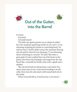 A page from The Garden Adventures Of Griswald The Gnome by Daniela Drescher, with the title Out Of The Gutter, Into The Barrel
