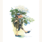 A page from The Garden Adventures Of Griswald The Gnome by Daniela Drescher. The image shows a gnome carrying tree leaves and white flowers, which looks like flowers from an elderberry tree