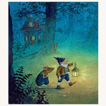 A page from Goodnight Sandman by Daniela Drescher, showing the Sandman carrying a lantern with a mouse following behind
