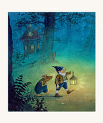 A page from Goodnight Sandman by Daniela Drescher, showing the Sandman carrying a lantern with a mouse following behind
