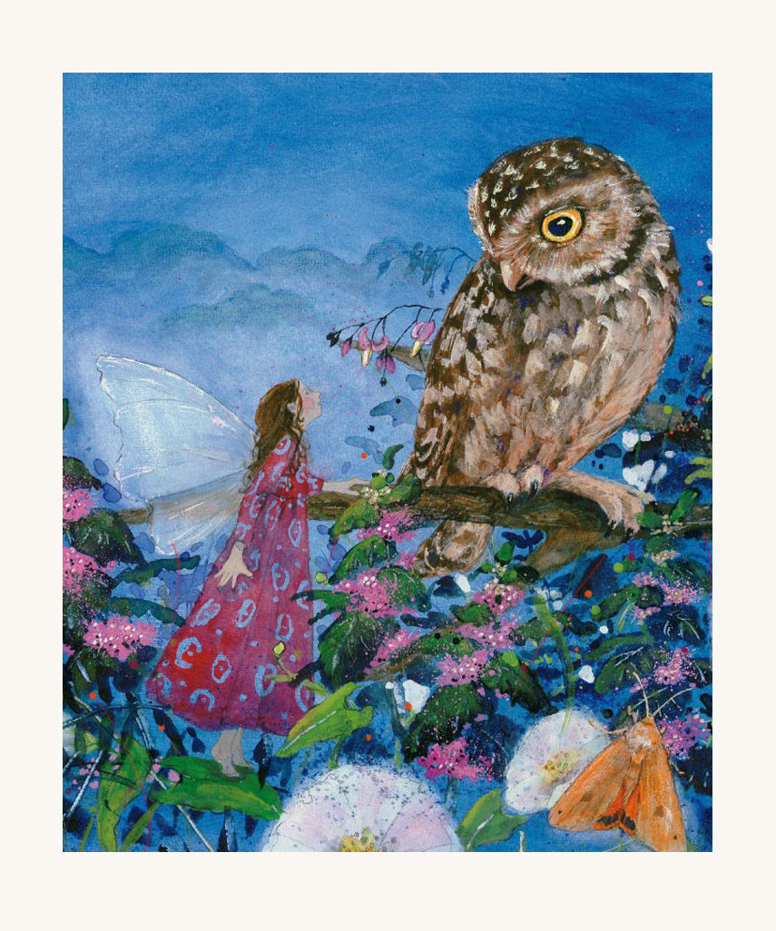 A page from Little Fairy Can't Sleep by Daniela Drescher. The fairy is in a red and blue dress, and is in a tree with an owl looking down to the fairy