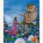 A page from Little Fairy Can't Sleep by Daniela Drescher. The fairy is in a red and blue dress, and is in a tree with an owl looking down to the fairy