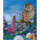 A page from Little Fairy Can't Sleep by Daniela Drescher. The fairy is in a red and blue dress, and is in a tree with an owl looking down to the fairy