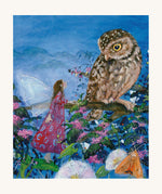 A page from Little Fairy Can't Sleep by Daniela Drescher. The fairy is in a red and blue dress, and is in a tree with an owl looking down to the fairy