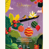Divine Vegan Dark Chocolate Advent Calendar box featuring a purple winter holiday design with a numbered grid, hanging ornaments, leaves, berries, and a bird.