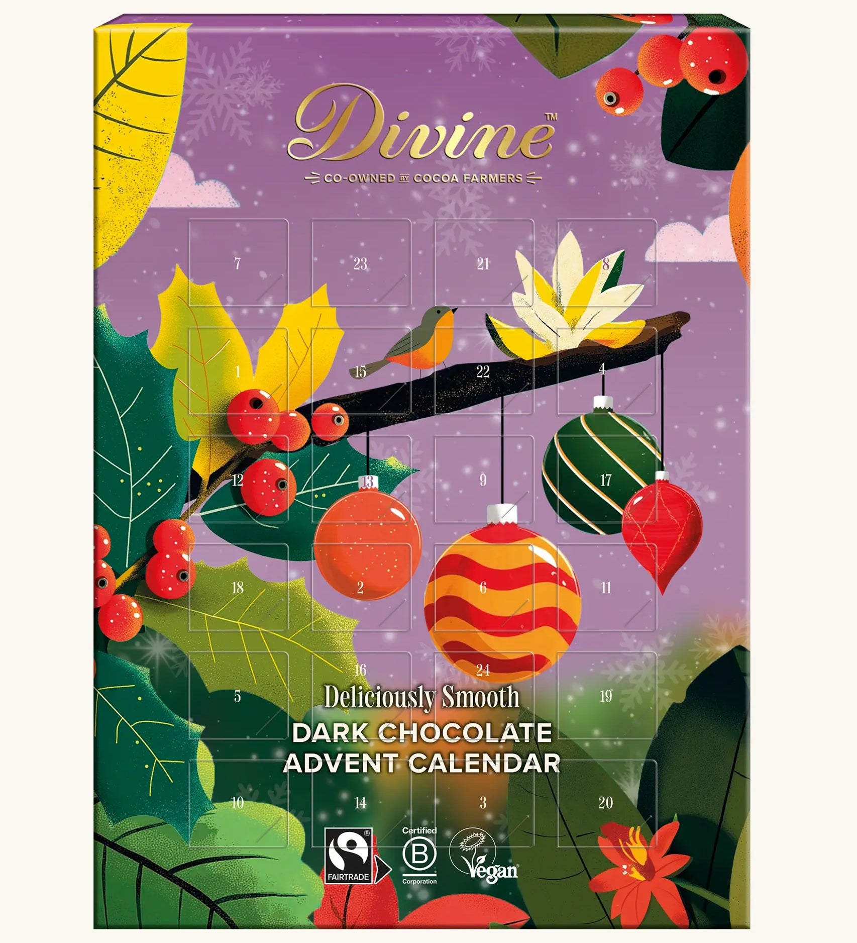 Divine Vegan Dark Chocolate Advent Calendar box featuring a purple winter holiday design with a numbered grid, hanging ornaments, leaves, berries, and a bird.