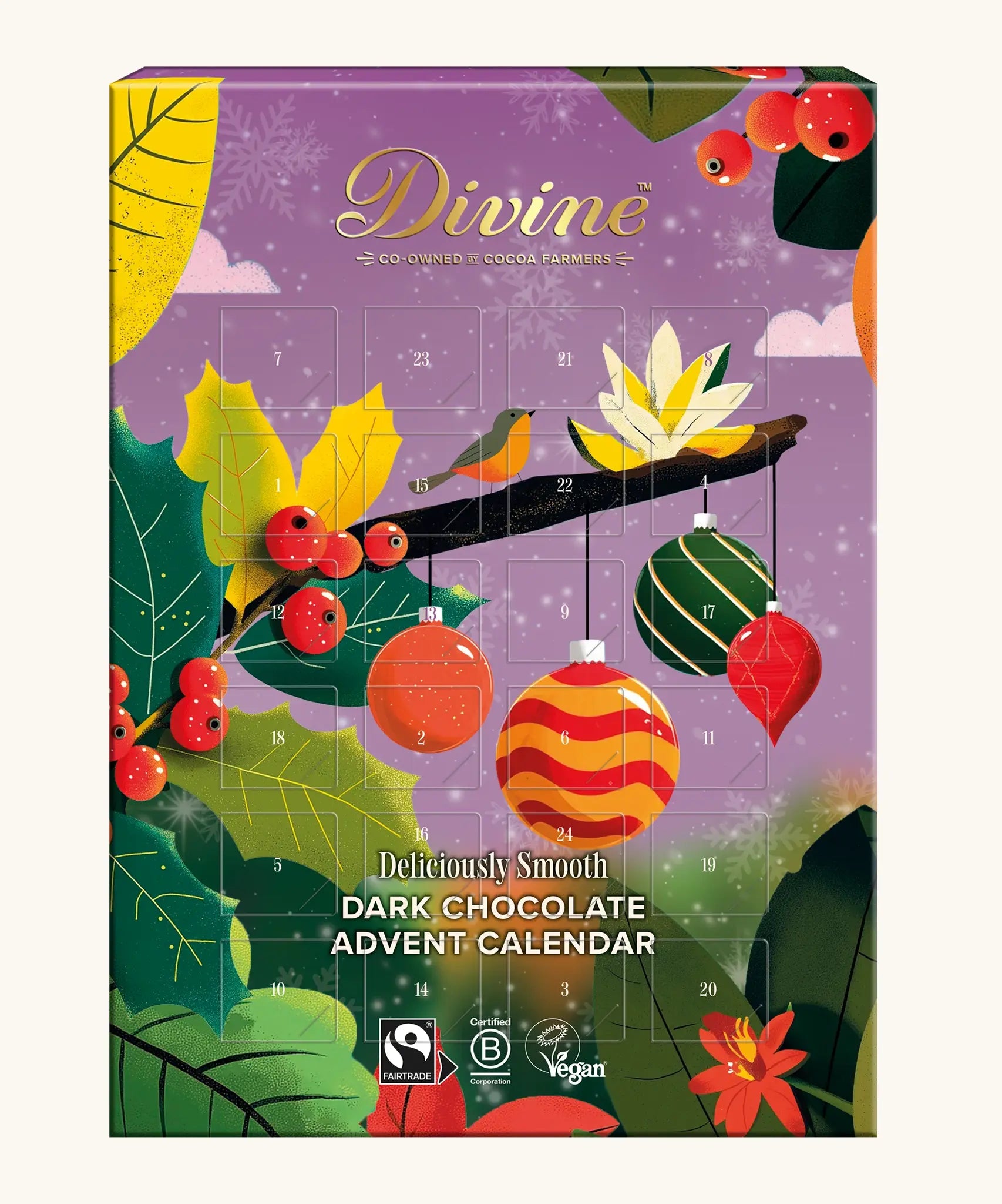 Divine Vegan Dark Chocolate Advent Calendar box featuring a purple winter holiday design with a numbered grid, hanging ornaments, leaves, berries, and a bird.