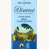 Divine fairtrade 90g smooth milk chocolate bar in blue wrapping with cocoa farm illustration on the front