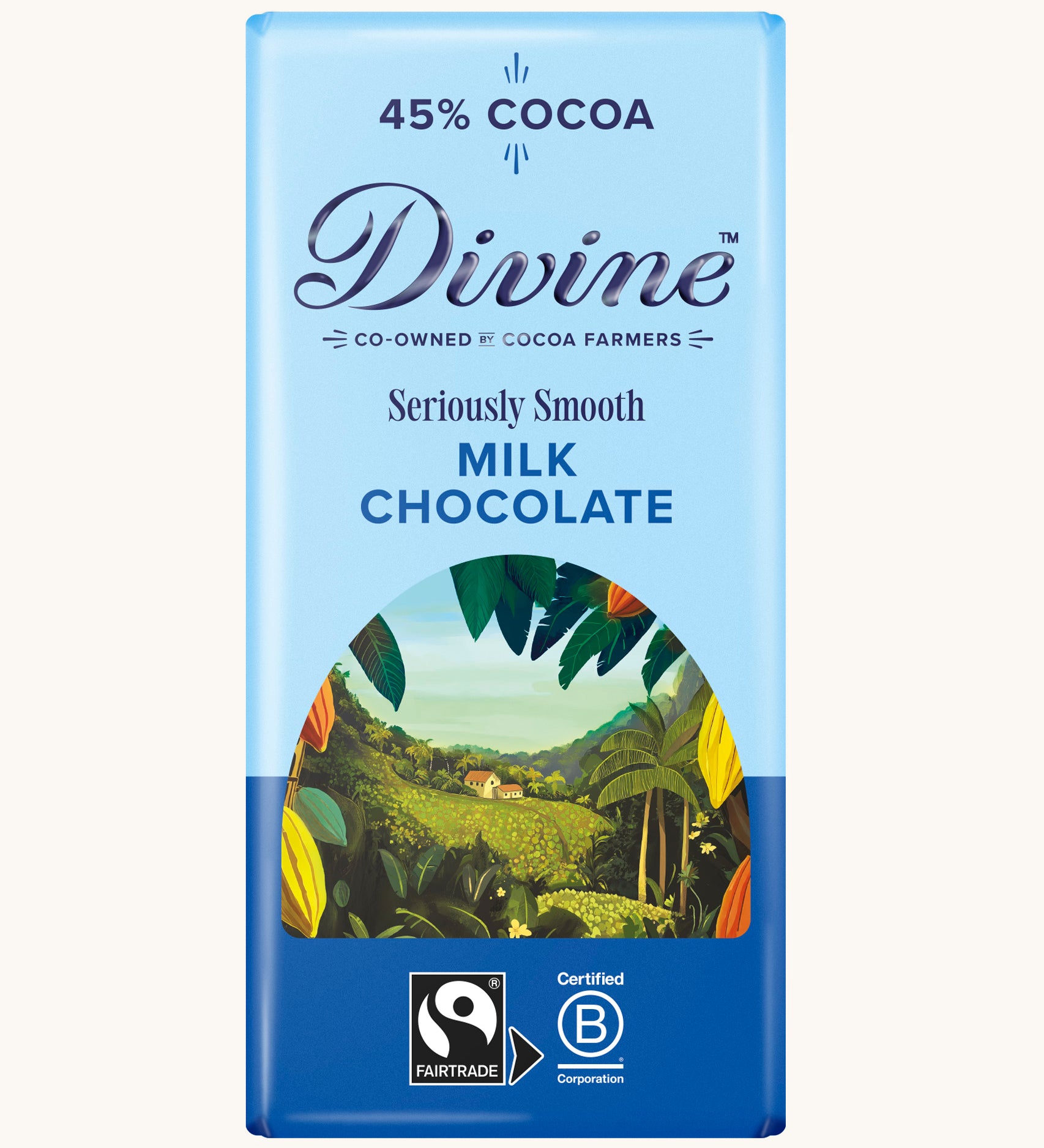 Divine fairtrade 90g smooth milk chocolate bar in blue wrapping with cocoa farm illustration on the front