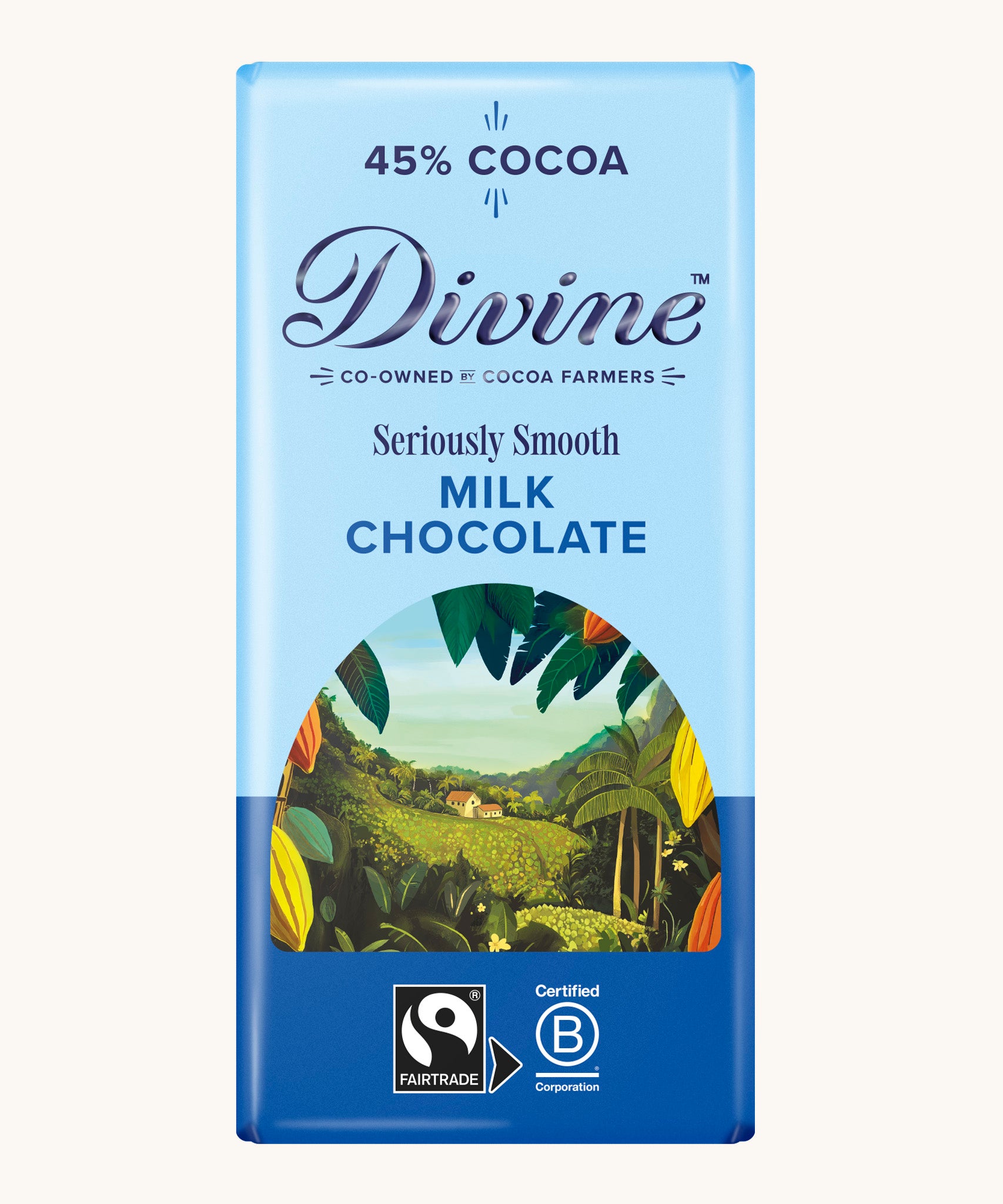 Divine fairtrade 90g smooth milk chocolate bar in blue wrapping with cocoa farm illustration on the front
