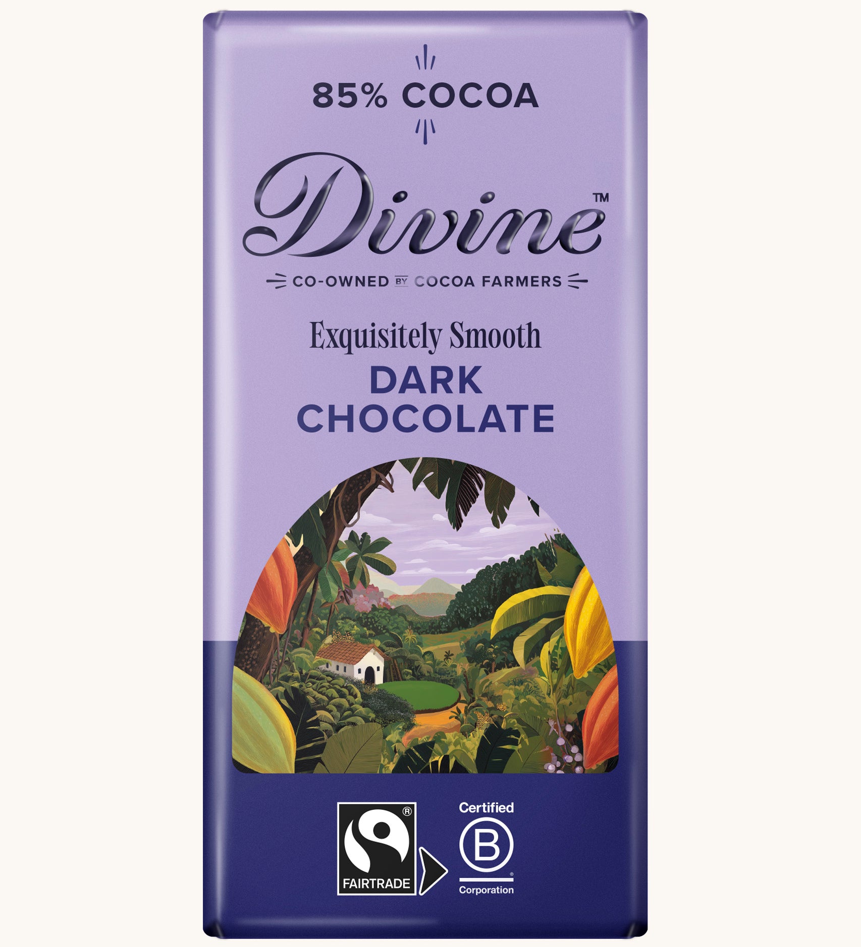 Front of Divine fairtrade smooth dark chocolate bar in purple wrapping with a cocoa farm illustration 