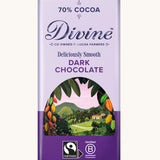 Front of Divine fairtrade 70% smooth dark chocolate bar in purple wrapping with a cocoa farm illustration 