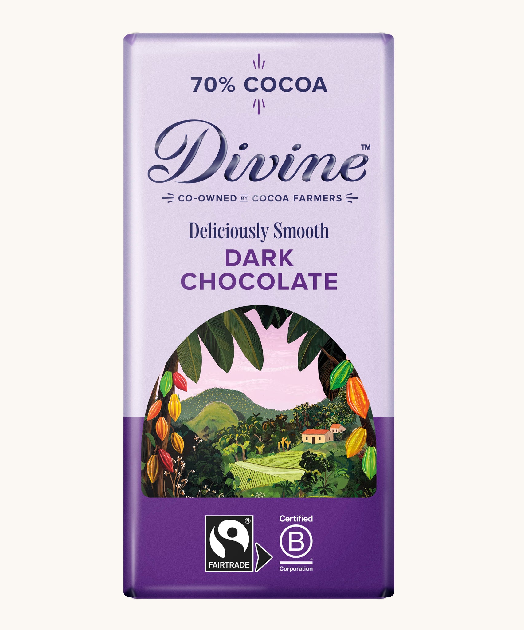 Front of Divine fairtrade 70% smooth dark chocolate bar in purple wrapping with a cocoa farm illustration 