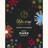 Divine fairtrade dark chocolate advent calendar available at Babipur. Showing the front of the festive inspired packaging. Calendar contains 24 windows.