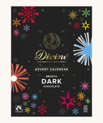 Divine fairtrade dark chocolate advent calendar available at Babipur. Showing the front of the festive inspired packaging. Calendar contains 24 windows.