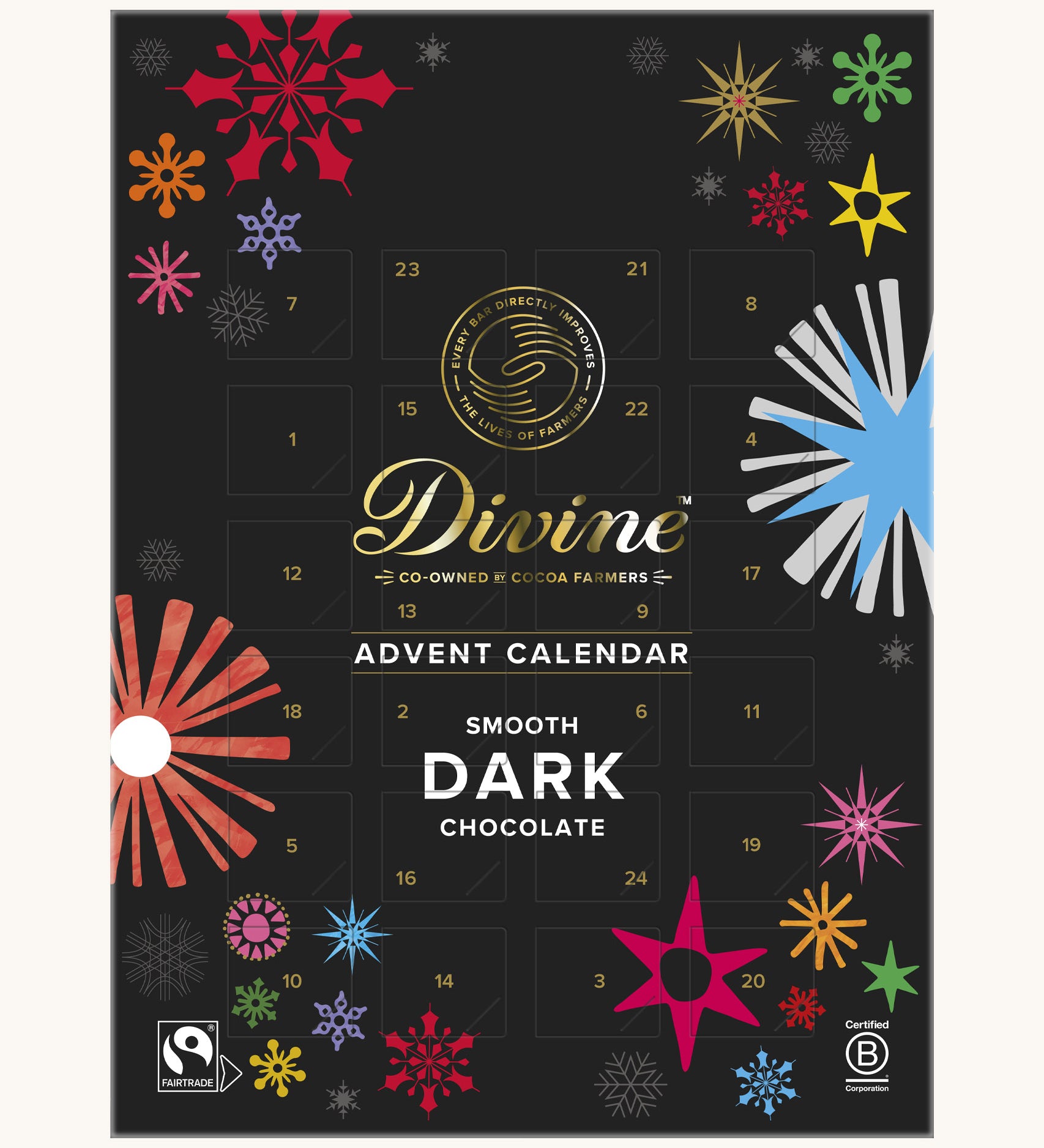 Divine fairtrade dark chocolate advent calendar available at Babipur. Showing the front of the festive inspired packaging. Calendar contains 24 windows.