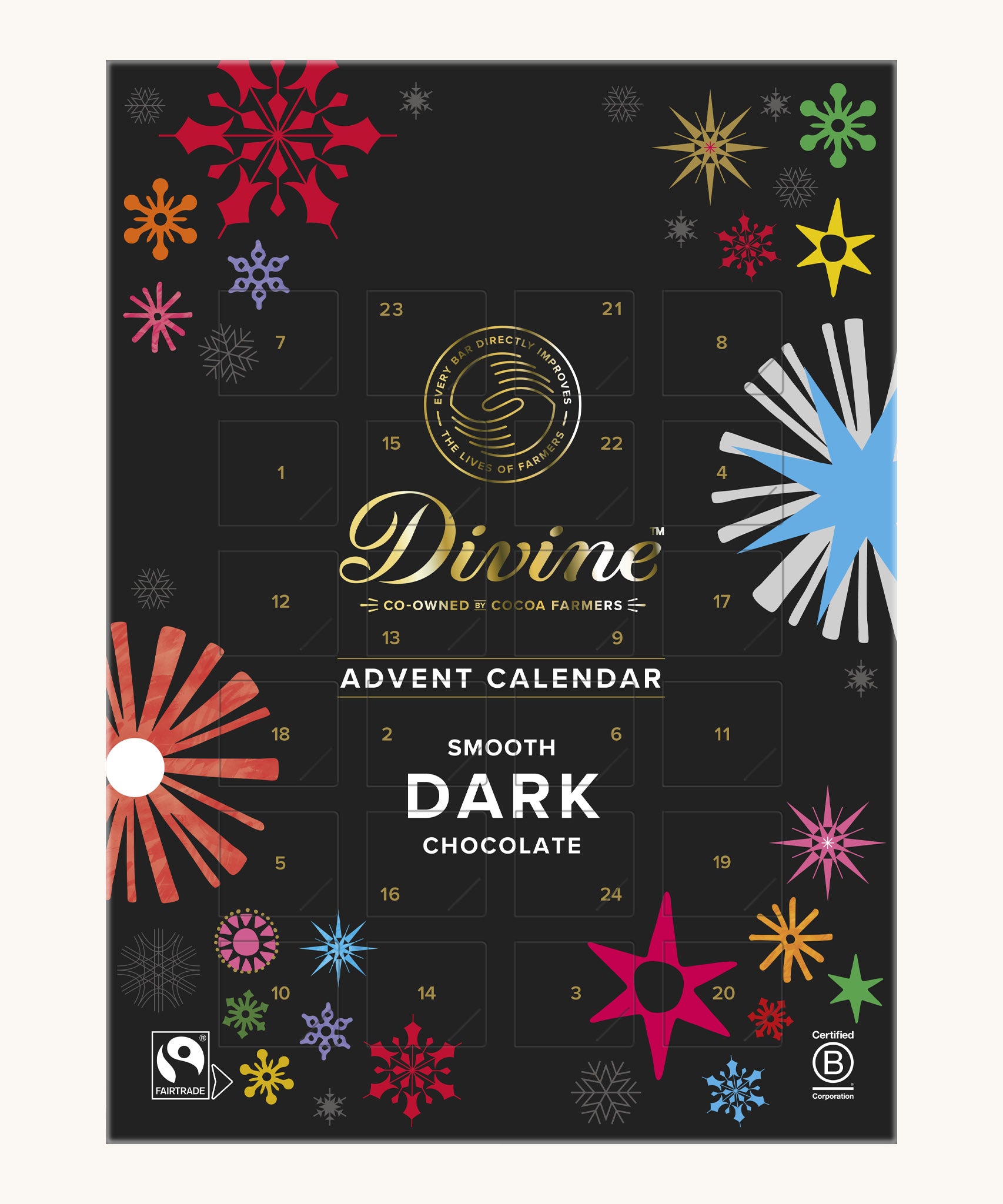 Divine fairtrade dark chocolate advent calendar available at Babipur. Showing the front of the festive inspired packaging. Calendar contains 24 windows.