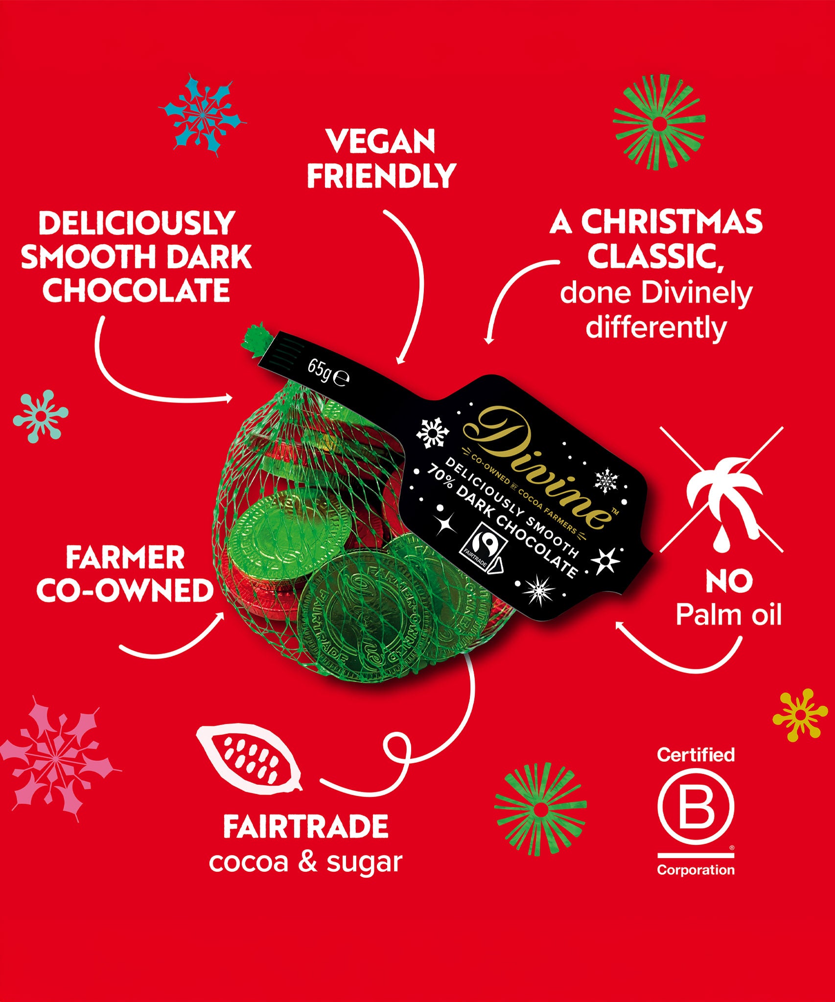 A graphic showing the key ethics for the Divine fairtrade dark chocolate coins available at Babipur.