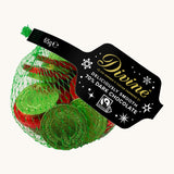 Divine fairtrade dark chocolate coins available at Babipur. Each coin is individually wrapped in red and green foil,  different sized and comes in a green netted bag.