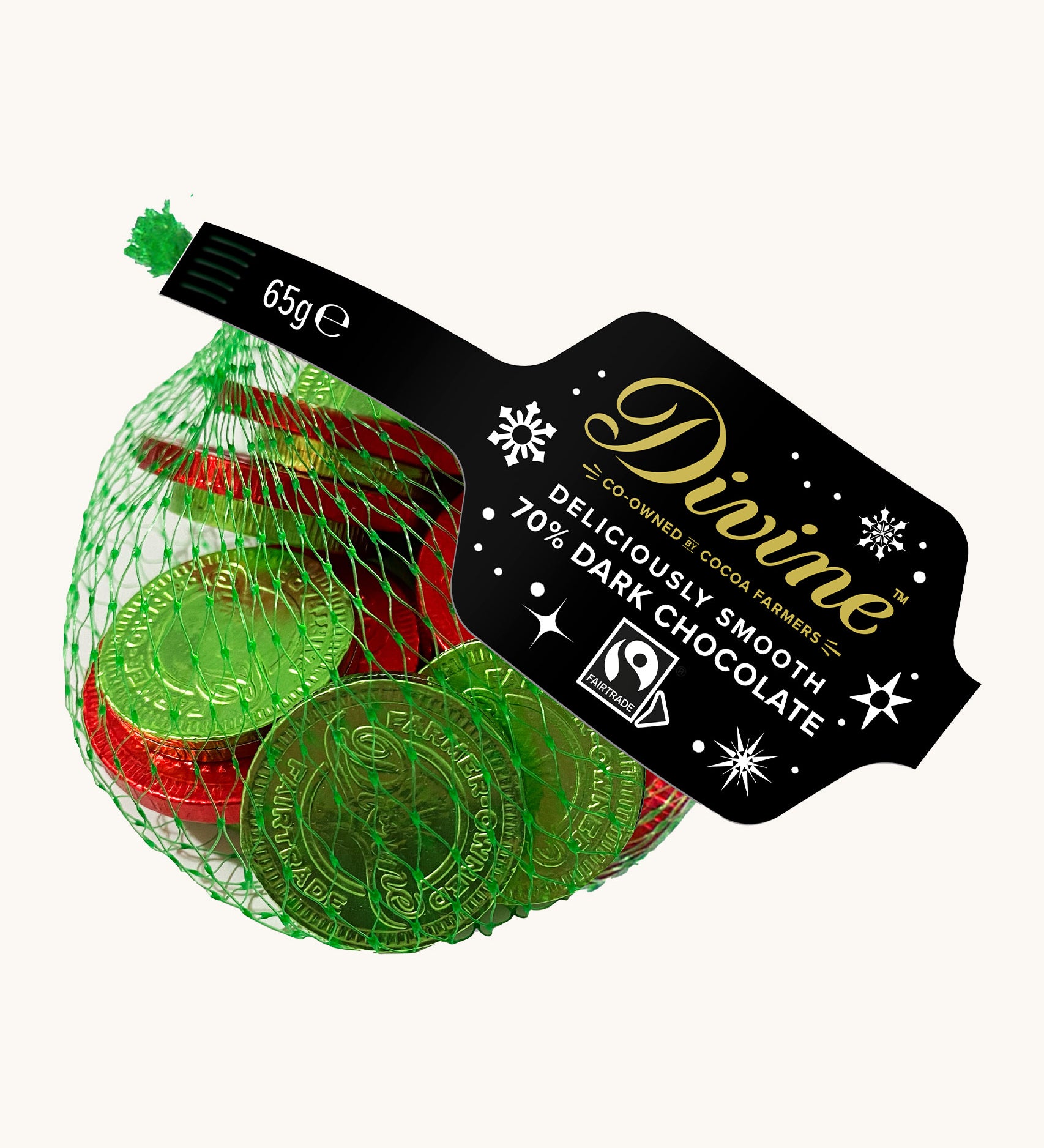 Divine fairtrade dark chocolate coins available at Babipur. Each coin is individually wrapped in red and green foil,  different sized and comes in a green netted bag.