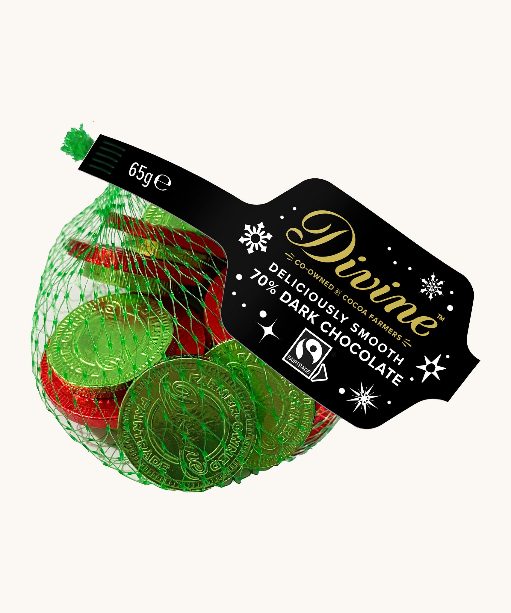 Divine fairtrade dark chocolate coins available at Babipur. Each coin is individually wrapped in red and green foil,  different sized and comes in a green netted bag.