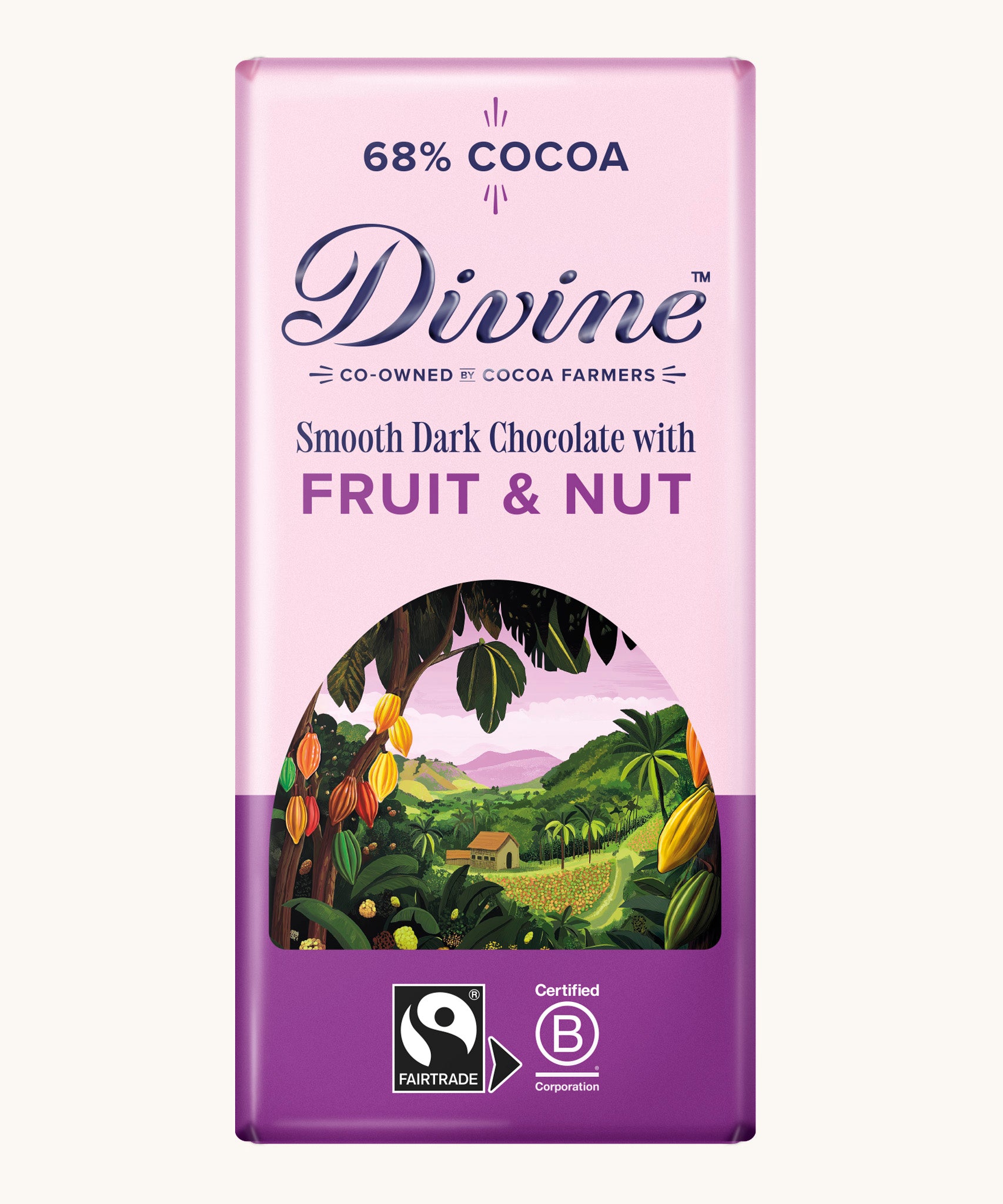 Front of Divine fairtrade smooth dark chocolate bar with fruit and nut in light purple wrapping with a cocoa farm illustration 