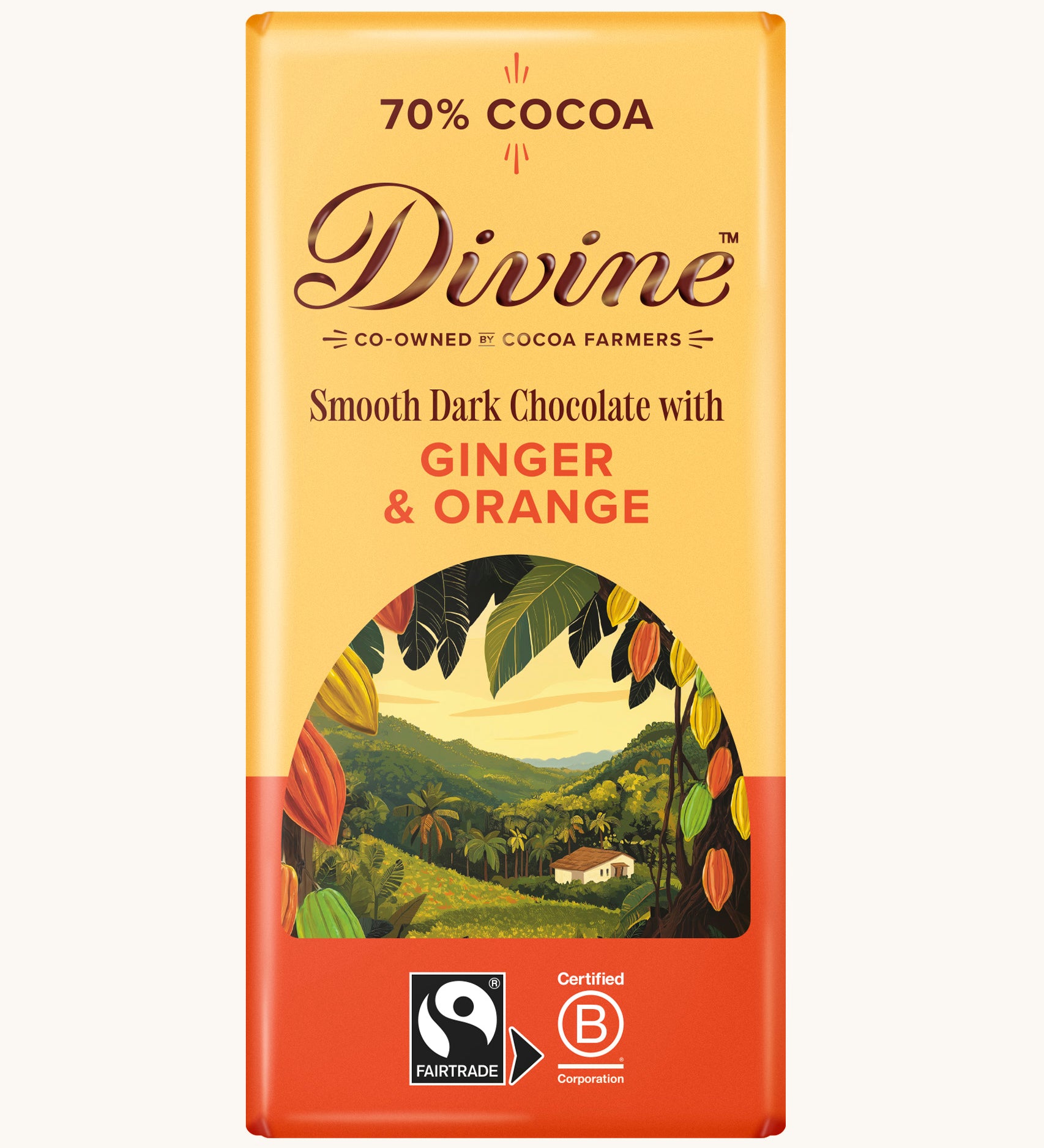 Front of Divine fairtrade smooth dark chocolate bar with ginger and orange in yellow wrapping with a cocoa farm illustration 