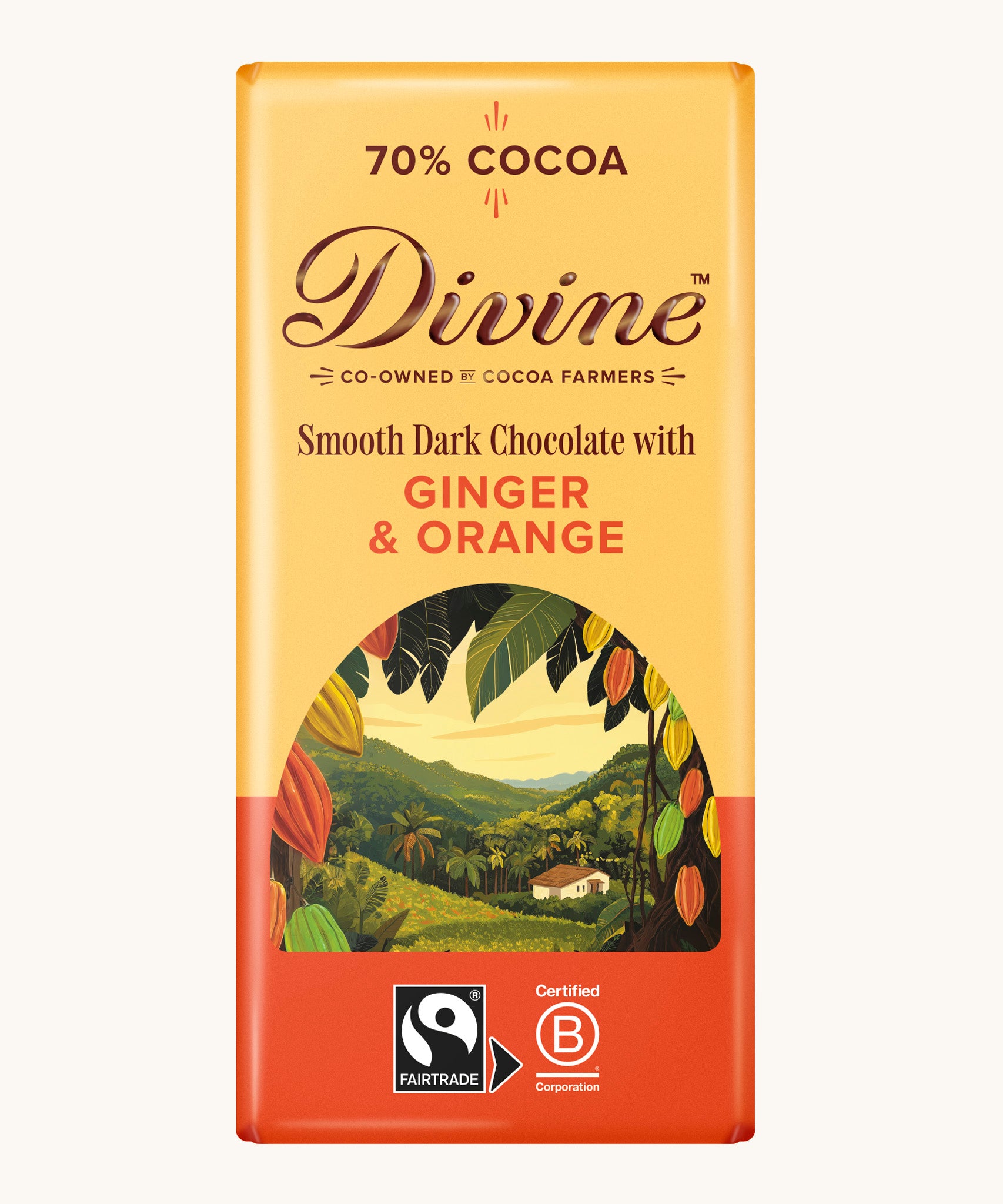 Front of Divine fairtrade smooth dark chocolate bar with ginger and orange in yellow wrapping with a cocoa farm illustration 