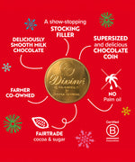 A graphic showing the key ethics for the Divine fairtrade giant milk chocolate coins available at Babipur