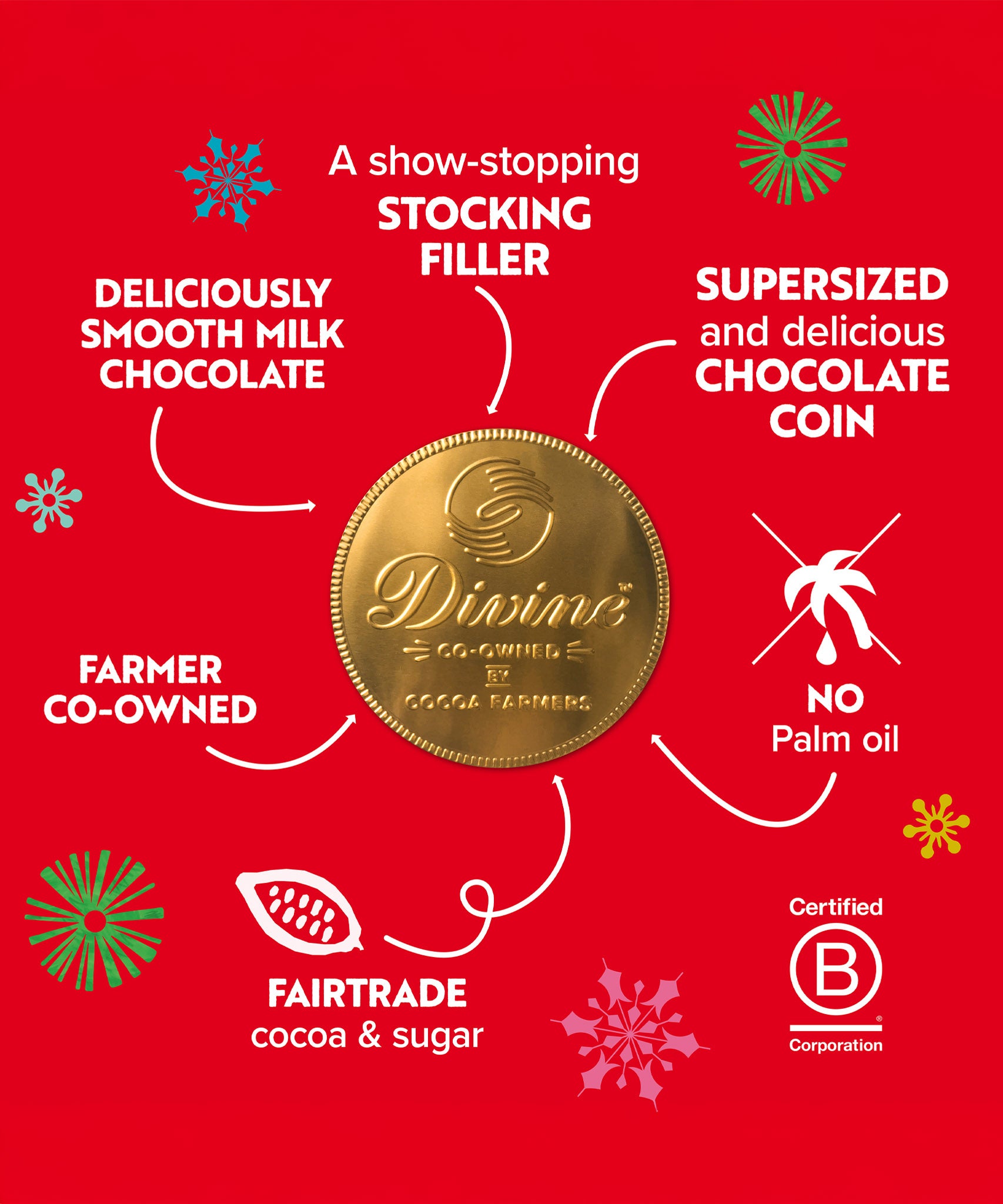 A graphic showing the key ethics for the Divine fairtrade giant milk chocolate coins available at Babipur