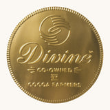 Divine fairtrade giant milk chocolate coin available at Babipur wrapped in gold foil with branding on the front. 