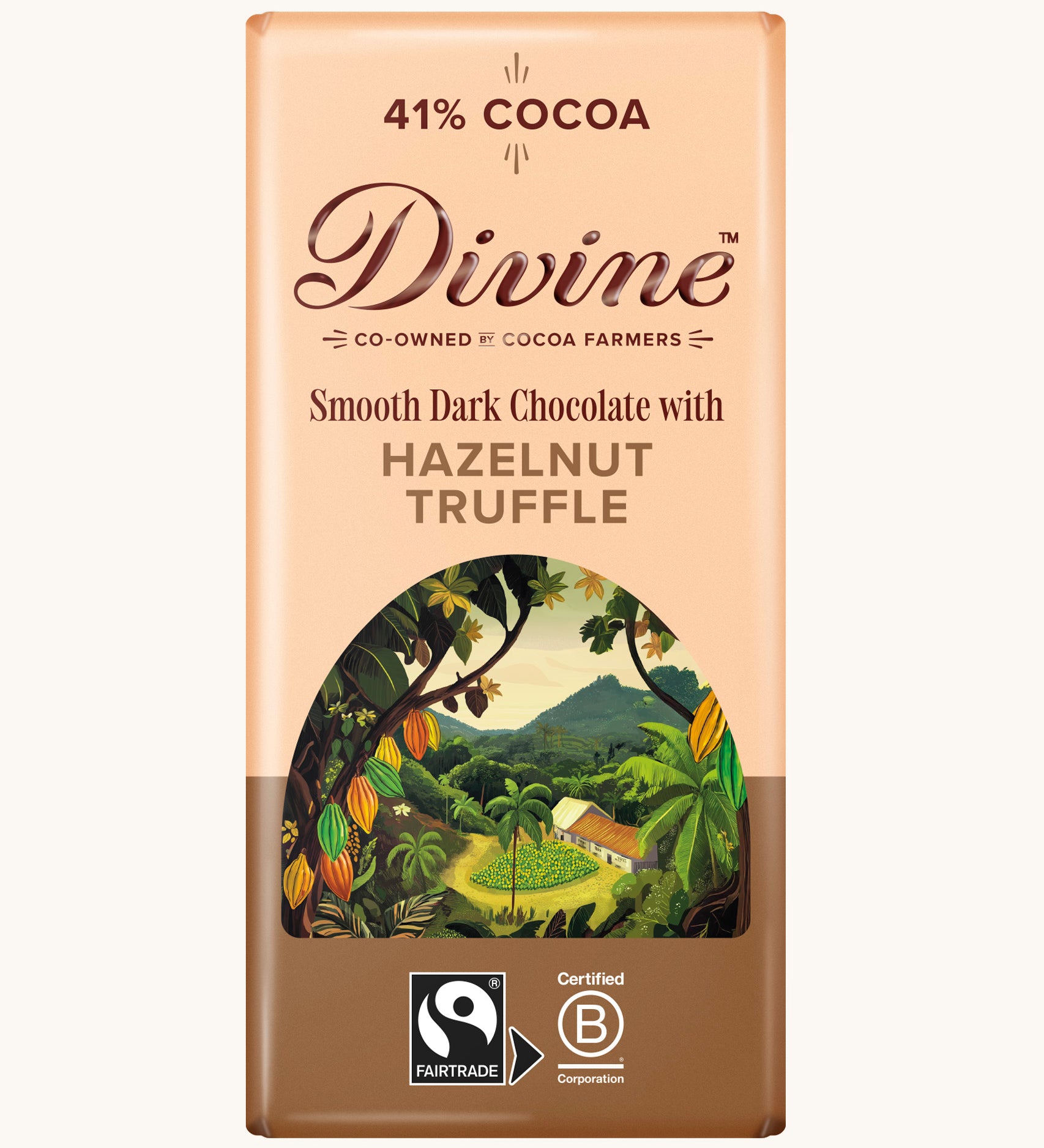 Front of Divine fairtrade smooth dark chocolate bar with hazelnut truffle in brown wrapping with a cocoa farm illustration 