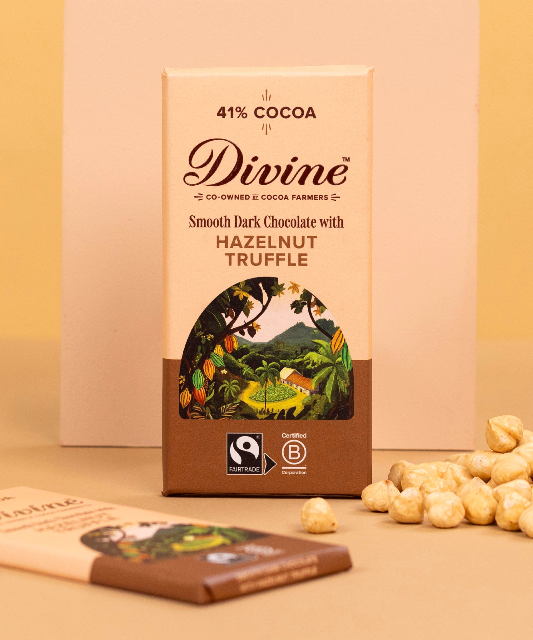 Divine fairtrade smooth dark chocolate with hazelnut truffle bar standing against platform next to loose hazelnut pieces