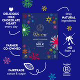 A graphic showing the key ethics of the Divine fairtrade milk chocolate advent calendar available at Babipur. 
