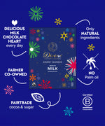 A graphic showing the key ethics of the Divine fairtrade milk chocolate advent calendar available at Babipur. 