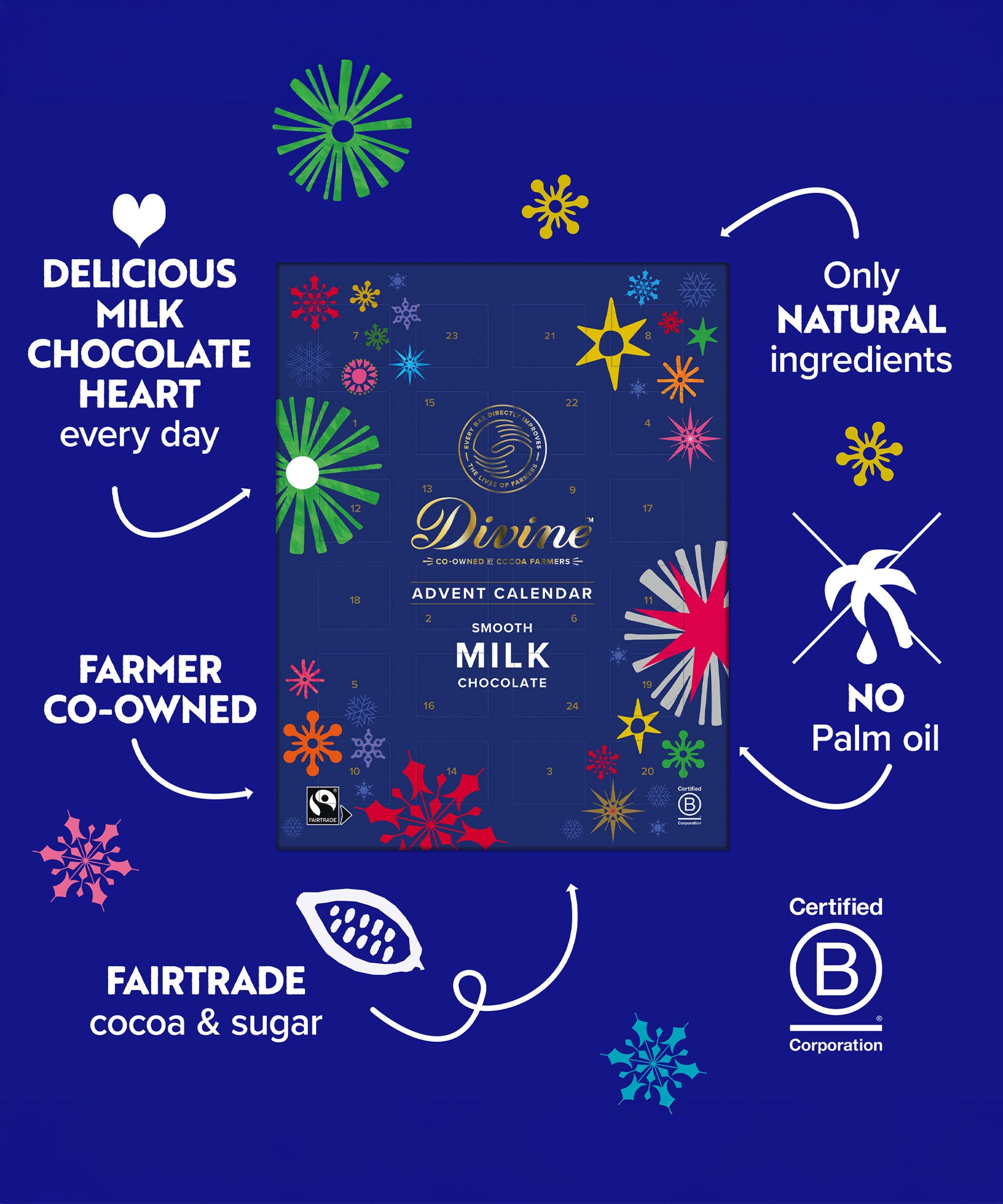A graphic showing the key ethics of the Divine fairtrade milk chocolate advent calendar available at Babipur. 