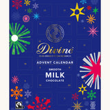 Divine fairtrade milk chocolate advent calendar available at Babipur. Showing the front of the festive inspired packaging. Calendar contains 24 windows.