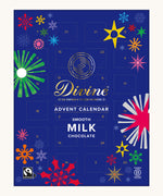 Divine fairtrade milk chocolate advent calendar available at Babipur. Showing the front of the festive inspired packaging. Calendar contains 24 windows.