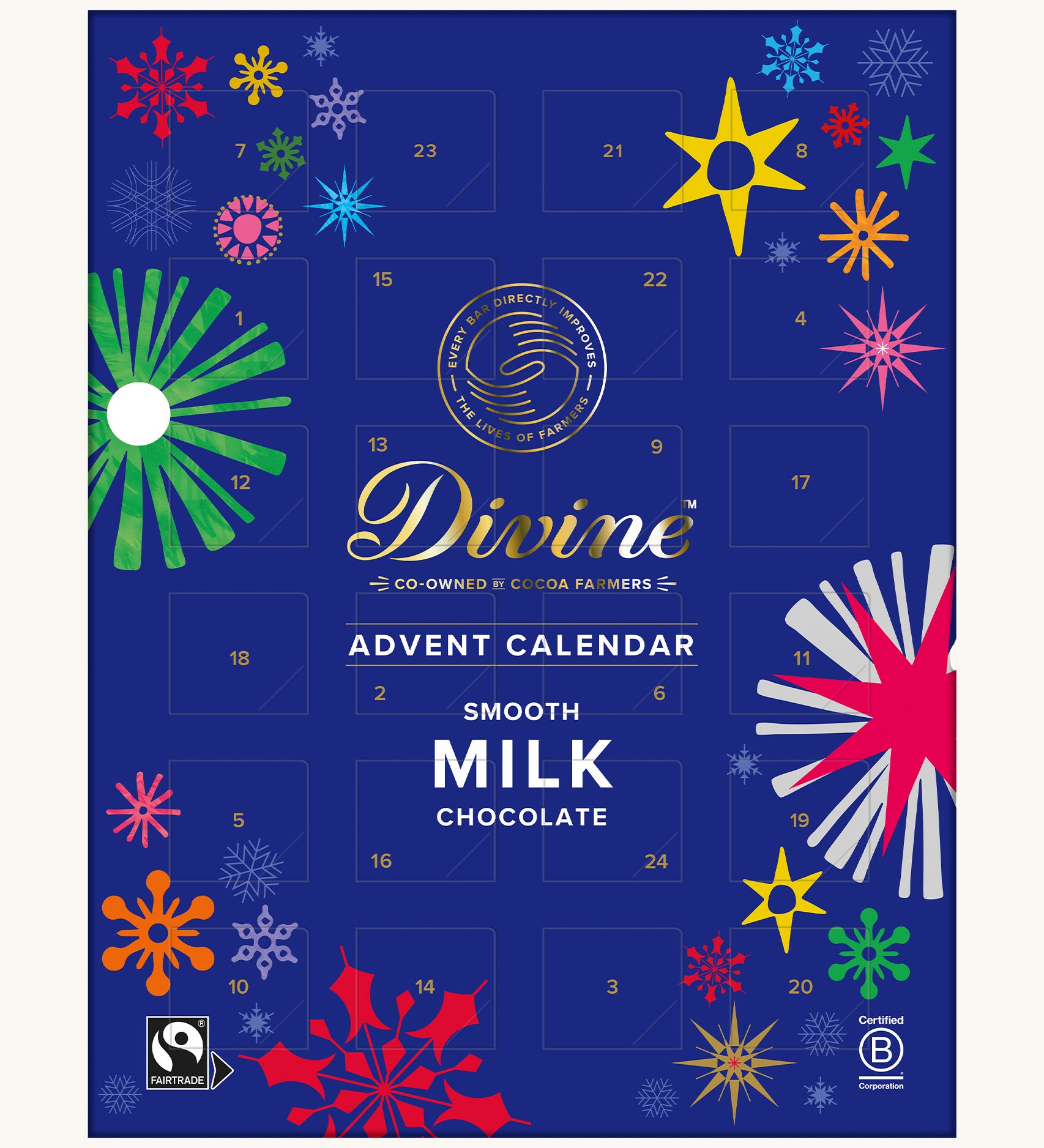 Divine fairtrade milk chocolate advent calendar available at Babipur. Showing the front of the festive inspired packaging. Calendar contains 24 windows.