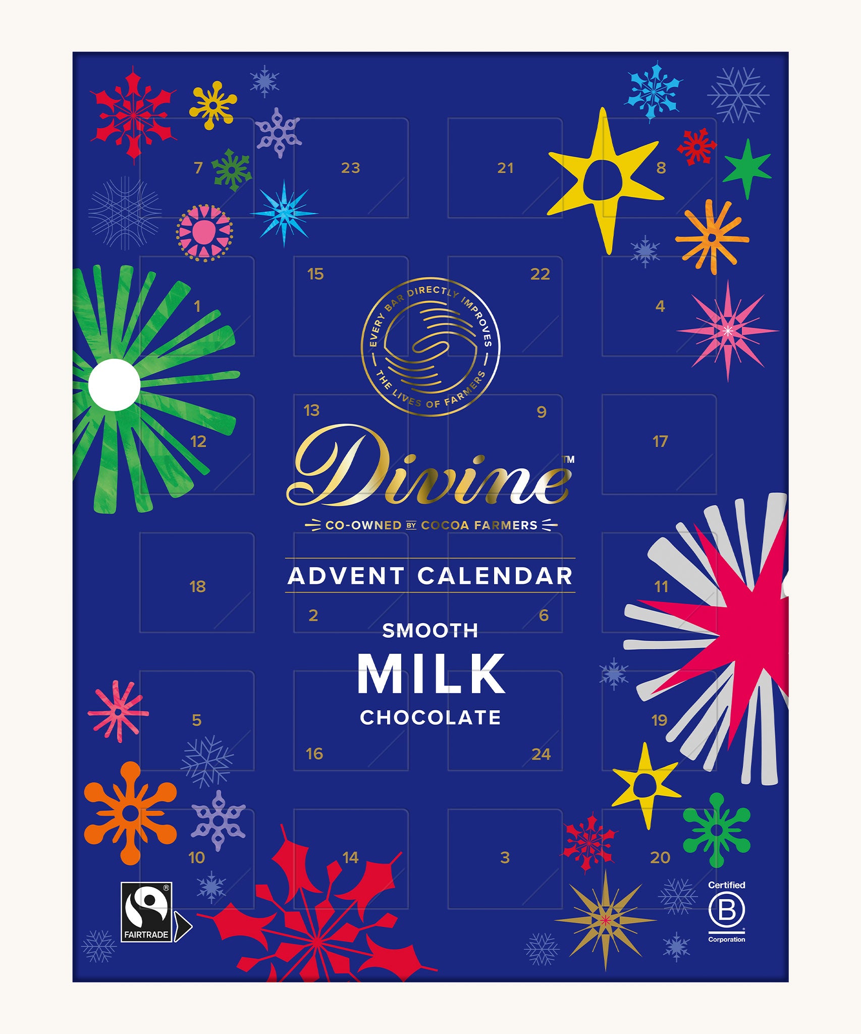 Divine fairtrade milk chocolate advent calendar available at Babipur. Showing the front of the festive inspired packaging. Calendar contains 24 windows.