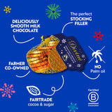 A graphic showing the key ethics for the Divine fairtrade milk chocolate coins available at Babipur.