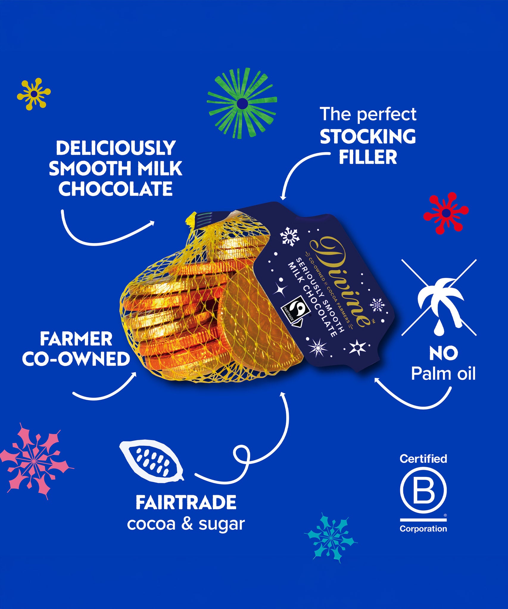 A graphic showing the key ethics for the Divine fairtrade milk chocolate coins available at Babipur.
