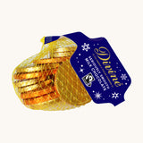 Divine fairtrade milk chocolate coins available at Babipur. Each coin is individually wrapped in gold foil,  different sized and comes in a yellow netted bag.
